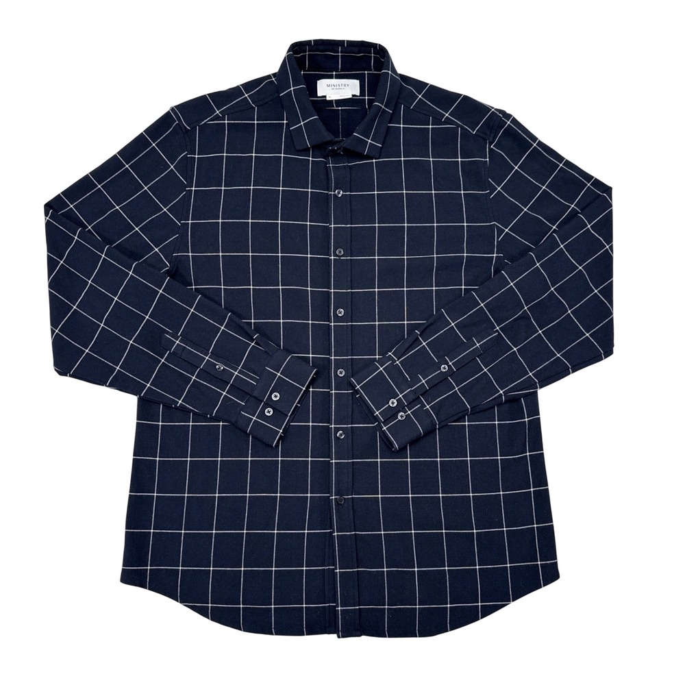 Ministry of Supply Shirt Mens‎ XL Navy Blue Fusion Flannel Button Up Windowpane